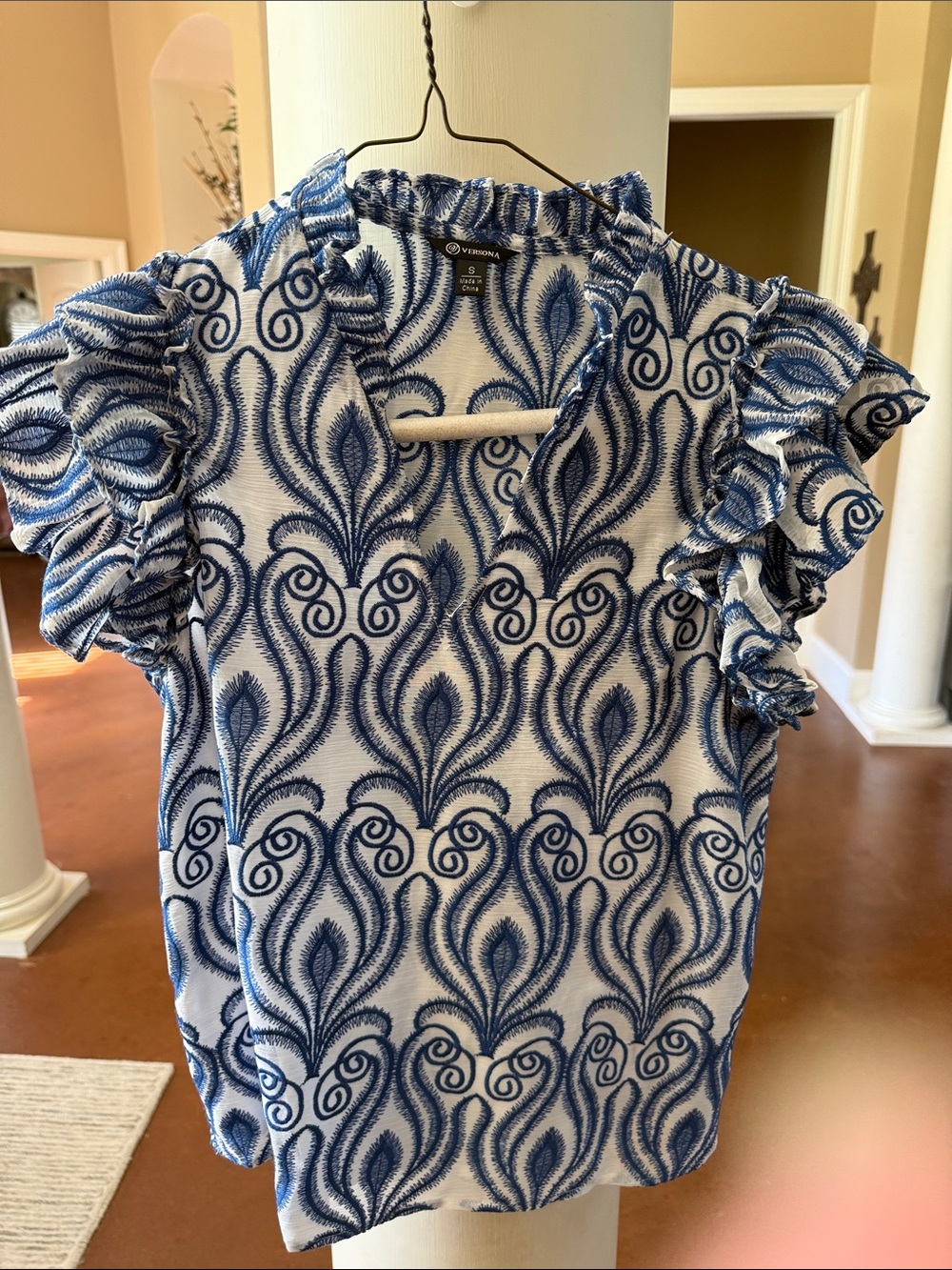 Vince Camuto White Top with Blue Scroll Print and Ruffle Sleeves